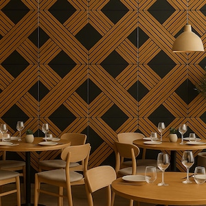 3D Wall Panels – Black & Oak Slat Wall Panels in X Pattern, 50×50 cm, Ultra-Thin 0.6 cm, Modern Decorative Wall Panels