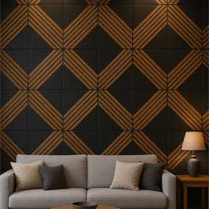 3D Wood Wall Panels – 60x40cm Black & Oak, Diamond Slat Design, Modern Wooden Wall Decor, Easy Installation