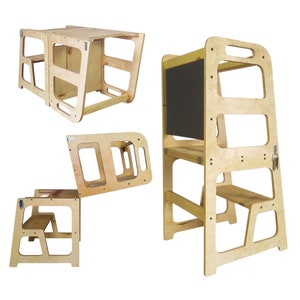 May include: A wooden learning tower with a chalkboard, a step stool, and a table and chair set. The tower is made of natural wood and has a light brown finish. The chalkboard is black and has a white frame. The step stool is made of wood and has a natural finish. The table and chair set is made of wood and has a natural finish.