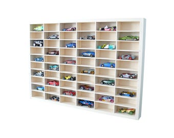 Wooden Hot Wheels Shelf – 60 Slot Wall Display – Diecast Car Storage – Matchbox Organizer – Kids Room Decor – Gift for Collectors