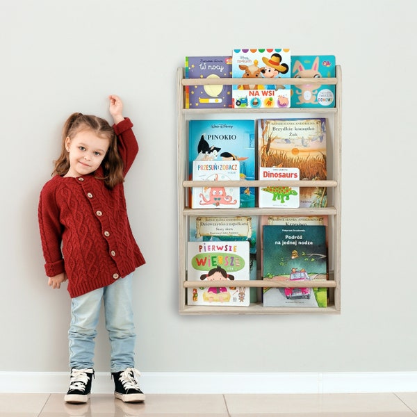 Bibliotheks-Bücherregal für ein Kinderzimmer, Hölzernes Montessori-Bücherregal für Wand , Kinder-Bücherregal, Wand-Bücherregal