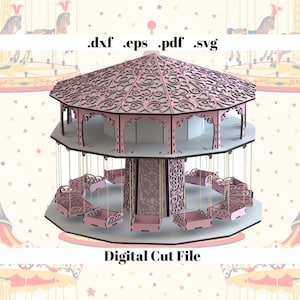 Puede incluir: Un carrusel rosa y blanco con un techo decorativo y columpios colgantes. El carrusel es un archivo de corte digital para proyectos de manualidades. Los formatos de archivo son .dxf, .eps, .pdf y .svg.