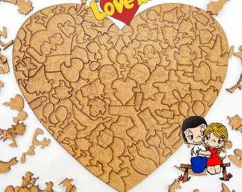 Miłość to układanka Puzzle wycinane laserowo Puzzle 3D Puzzle w kształcie serca Walentynki Svg gotowe do cięcia Domowa aktywność Drewniany szablon układanki Cyfrowy