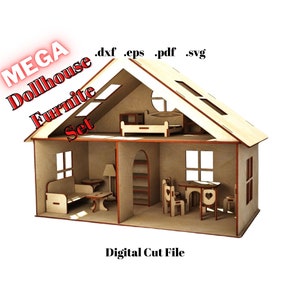 Mega Dollhouse and Furniture Set Laser Cut Instant Download Digital template Svg File Cardboard Craft Barbie Dxf Eps Pdf Cnc Router Diy Toy