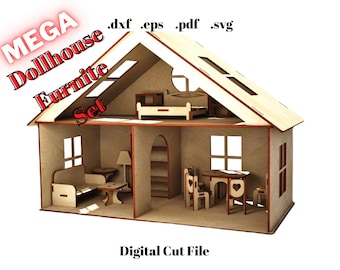 Mega Dollhouse and Furniture Set Laser Cut Instant Download Digital template Svg File Cardboard Craft Barbie Dxf Eps Pdf Cnc Router Diy Toy