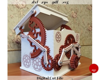 Laser Cut Wooden Mechanical Box Glowforge Cricut Template File Dxf Pdf Eps SVg Vector