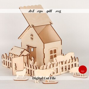 Laser Cut Wooden Game Set Farm Animals Box House Glowforge Cricut Vector Laser CNC Template SVG Pdf Eps Dxf Diy Cardboard Toy Game Kids