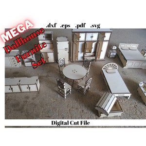 Mega Puppenhaus Miniatur Möbel Set Laser Cut Sofortiger Download Digitale Vorlage SVG Karton Handwerk Barbie Haus Dİy Spielzeug Cnc Fräser Datei