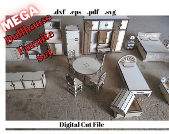 Mega Dollhouse Miniature Furniture Set Laser Cut Instant Download Digital Template Svg Cardboard Craft Barbie House Dİy Toy Cnc Router File