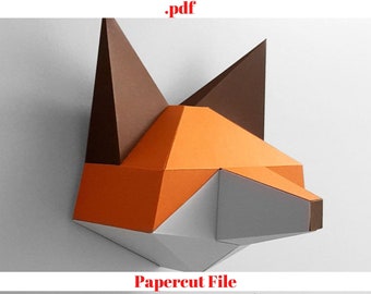 May include: A papercraft model of a fox head, with brown ears, an orange face, and a gray muzzle. The model is made of paper and is ready to be assembled. The image includes the text ".pdf Papercut File".