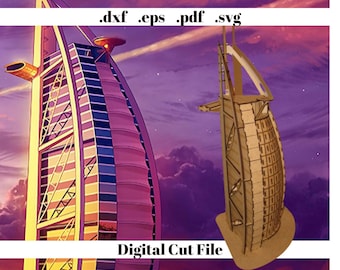 Burj Al Arab 3D Puzzle Laser Cut Digital File Instant Download Jigsaw Puzzle Wooden Puzzle eps svg dxf pdf Files Gift