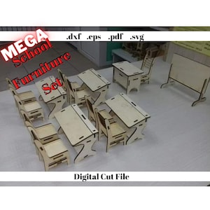 Dollhouse Miniature School Furniture Set Laser Digital Template File Cnc Router Carboard Craft Barbie Diy Svg File, Dxf, Eps, Pdf Toys