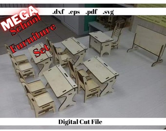 Dollhouse Miniature School Furniture Set Laser Digital Template File Cnc Router Carboard Craft Barbie Diy Svg File, Dxf, Eps, Pdf Toys