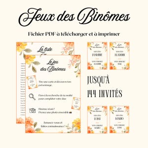 Puede incluir: Un juego PDF imprimible titulado "Jeux des Binômes" con decoraciones florales. El diseño incluye tarjetas con nombres de personajes, instrucciones y la frase "Hasta 144 invitados". La paleta de colores presenta amarillos y naranjas suaves.