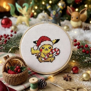 Pikachu de Noël - Broderie Points de Croix Pokemon - Patron PDF