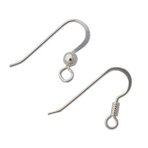 May include: Two silver earring hooks are shown against a white backdrop. One has a small ball and a loop, the other a coiled spring and a loop. These components are used for making earrings, ideal for jewellery making.