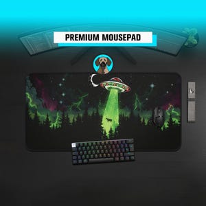 Premium UFO Abduction Mousepad | Alien Cow Desk Mat | Sci-Fi Gaming Pad | Green Dark Forest Playmat | Extraterrestrial Aesthetic Desk pad