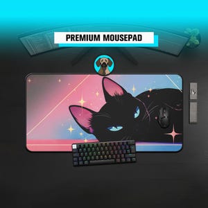 Premium Lo-fi Black Cat Mousepad | Dreamy Vaporwave Deskmat | Synthwave Kitten Art | Aesthetic Starry Gaming Mat | Lofi Gaming Desk Pad