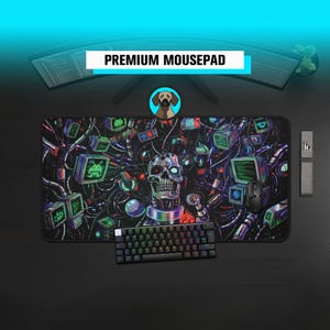 Premium Cyber Skull Y2K Mousepad | Retro Hacker Desk Mat | Sci-Fi Robot Gaming Pad | CRT Monitor Tech Playmat | Dark Nerd Desk Pad