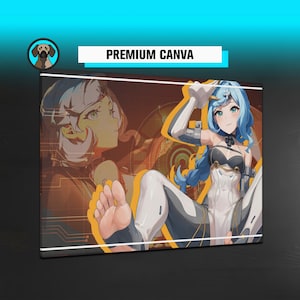 May include: A canvas print featuring an anime-style illustration of a female character with blue hair and a futuristic outfit. The artwork has a warm color palette with a secondary image of the character in the background. The text "PREMIUM CANVA" is displayed.