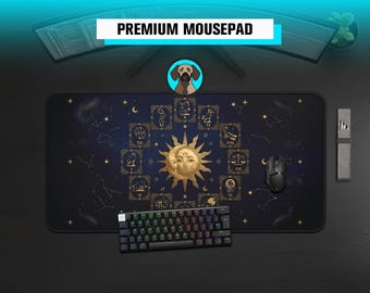 Premium Celestial Zodiac Mousepad | Gold Sun and Moon Desk Mat | Astrology Gaming Pad | Witchy Tarot Playmat | Mystical Boho Office Setup