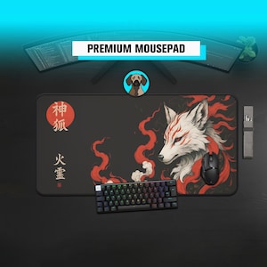 Premium Kitsune-Fuchs | Japanische traditionelle Schreibtischunterlage | Mystisches Kitsune-Mauspad | Kanji-Mauspad | Fantasy-Mauspad | Ästhetische Schreibtischunterlage