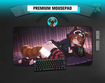 May include: A rectangular mousepad featuring an anime-style character with brown hair and a raccoon-themed hoodie, wearing red and black striped stockings. The mousepad displays the text PREMIUM MOUSEPAD and is shown with a keyboard and mouse.