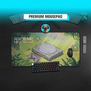 Pixel art gaming mousepad featuring a grey retro 90s console overgrown with vines in a sunny forest. "Start New Game" menu text overlay. Cozy green aesthetic desk mat for retro gamers.