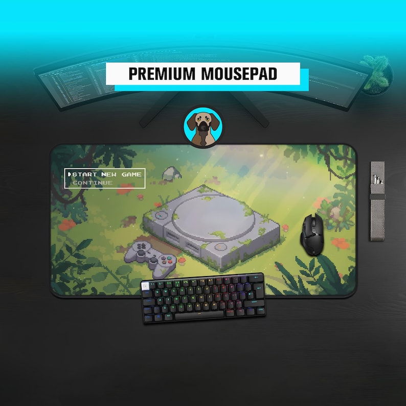 Pixel art gaming mousepad featuring a grey retro 90s console overgrown with vines in a sunny forest. "Start New Game" menu text overlay. Cozy green aesthetic desk mat for retro gamers.
