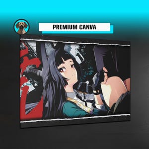 May include: A canvas print featuring anime-style artwork of a female character with long black hair and red eyes. She wears a green and white outfit. The canvas has the text "PREMIUM CANVA" in white on a blue background.
