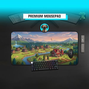 Puede incluir: Alfombrilla de ratón premium con un diseño de paisaje que presenta un pueblo, un río y montañas. Un teclado y un ratón negros están encima. Se muestra el texto "PREMIUM MOUSEPAD".
