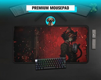 Tappetino per mouse premium con ragazza gatto gotica | Tappetino da scrivania anime dark | Tappetino da gioco occulto rosso e nero | Tappetino da gioco XL Kemonomimi edgy | Tappetino da scrivania Waifu vampira