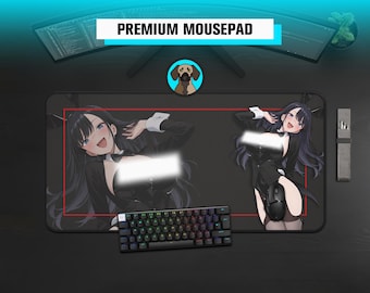 May include: A rectangular black mousepad featuring two anime-style illustrations of a character with long dark hair wearing a black bunny suit. The design includes a red rectangular border and white censored bars over the chest area of the character.