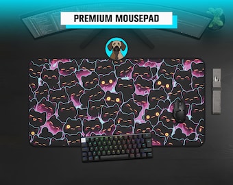 Premium Kawaii Black Cats Mousepad | Neon Kitten Pattern Desk Mat | Cute Animal Lover Gaming Pad | Purple Pink Aesthetic XL Playmat