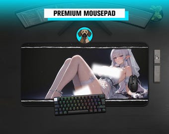 May include: A rectangular desk mat featuring an anime-style illustration of a long-haired character with pointed ears wearing a white outfit. The mat has a black border with a torn paper effect. A black mechanical keyboard and mouse sit on top.