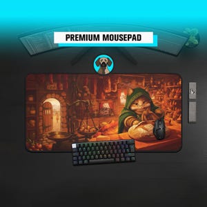 Premium Cat Baker Mousepad | Cozy Fantasy Bakery Desk Mat | RPG Shopkeeper Kitty Mat | Cottagecore Aesthetic Art | Warm Lofi Bread Gift Pad