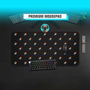 Premium retro geometrische muismat | Regenboog driehoek bureaumat | Minimalistische gamingmat | Zwarte speelmat met kleurrijk patroon | Kantooropstelling