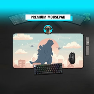 Premium Cute Catzilla Mousepad | Funny Cat Kaiju Desk Mat | Pastel City Gaming Pad | Chonky Kitten Art | Cute Cat Parody XL Playmat