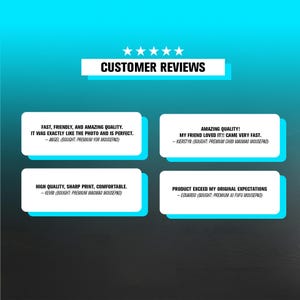 K&ouml;nnte beinhalten: Bild mit Kundenbewertungen vor einem blau-wei&szlig;en Farbverlauf. Der Text "CUSTOMER REVIEWS" steht oben, darunter vier Kundenbewertungen. Die Bewertungen heben Qualit&auml;t, Geschwindigkeit und Zufriedenheit mit den Produkten hervor.