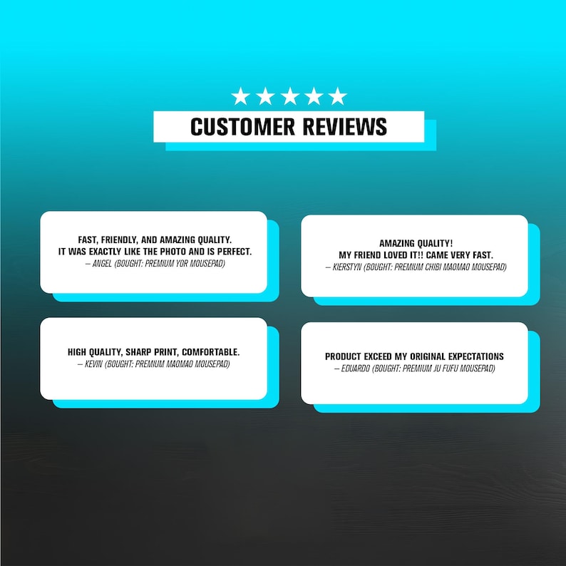 K&ouml;nnte beinhalten: Bild mit Kundenbewertungen vor einem blau-wei&szlig;en Farbverlauf. Der Text "CUSTOMER REVIEWS" steht oben, darunter vier Kundenbewertungen. Die Bewertungen heben Qualit&auml;t, Geschwindigkeit und Zufriedenheit mit den Produkten hervor.
