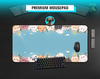 Premium Cute Peeking Cats Mousepad | Kawaii Kittens Desk Mat | Blue Sky Aesthetic | Cartoon Pastel Room Pet Mat | Cozy Animal Lover Gift |
