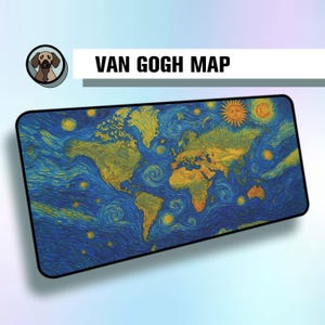 Premium Van Gogh World Map Mousepad | Van Gogh Map Deskmat | Van Gogh Style Deskmat | Large Illustration Office Mat for Desk Setup