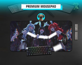 May include: A rectangular desk mat featuring a vibrant anime-style illustration of three characters with bunny ears, long hair in white, black, and red, and black outfits. The design includes glitch effects and glowing red eyes on a dark background.