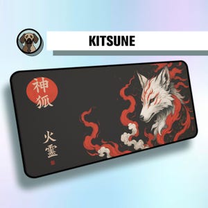 Premium Kitsune Fox | Japanese Traditional Art Deskmat | Mystical Kitsune Mousepad | Kanji Desmakt |  fantasy mousepad | Aesthetics Desk Pad