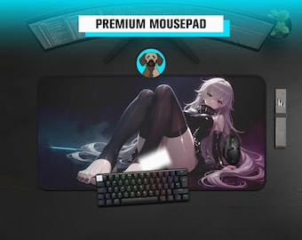 May include: A rectangular desk mat featuring an anime-style illustration of a character with long light purple hair, wearing a black outfit and thigh-high stockings. The mat includes a black mechanical keyboard and a black computer mouse.