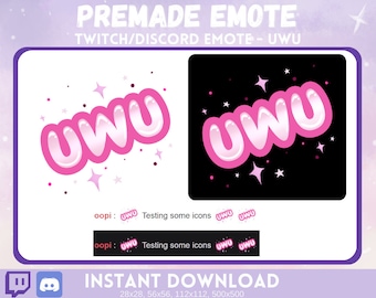 May include: Pink and white "UWU" text emote with a glossy finish and white stars on a black background. The emote is available in various sizes, including 28x28, 56x56, 112x112, and 500x500 pixels.