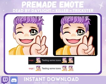 May include: A purple-haired character with a yellow shirt and a black eye makes a peace sign. The character is shown against a white background and a black background. The text "oopi: Testing some icons" is shown below the image.