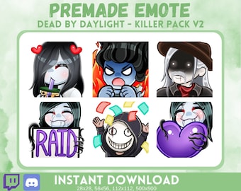 Könnte beinhalten: Eine Sammlung von sechs vorgefertigten Emotes mit Charakteren aus Dead by Daylight. Die Emotes zeigen verschiedene Ausdrücke, wie einen Charakter, der ein Getränk trinkt, einen wütenden Charakter, der von Flammen umgeben ist, und einen Charakter, der ein lila Herz hält. Der Text "RAID" ist ebenfalls enthalten.