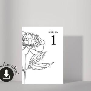 FLORAL Druckbare Tischnummer | Minimalistische Pfingstrose Tischkarte | A6 Sofort Download | Minimale Hochzeit Tischnummern | Einfache Tischkarten Hochzeit