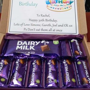 Personalised Dairy Milk Chocolate Hamper Box. Birthday Gift Christmas Present Confectionary Selection Treat. Multiple Surprise Party Box.